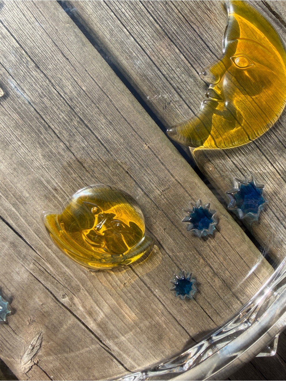 Vintage Celestial Sun Moon Glass Tray 12” Amber Blue Stars Decorative Plate - Picture 8 of 16
